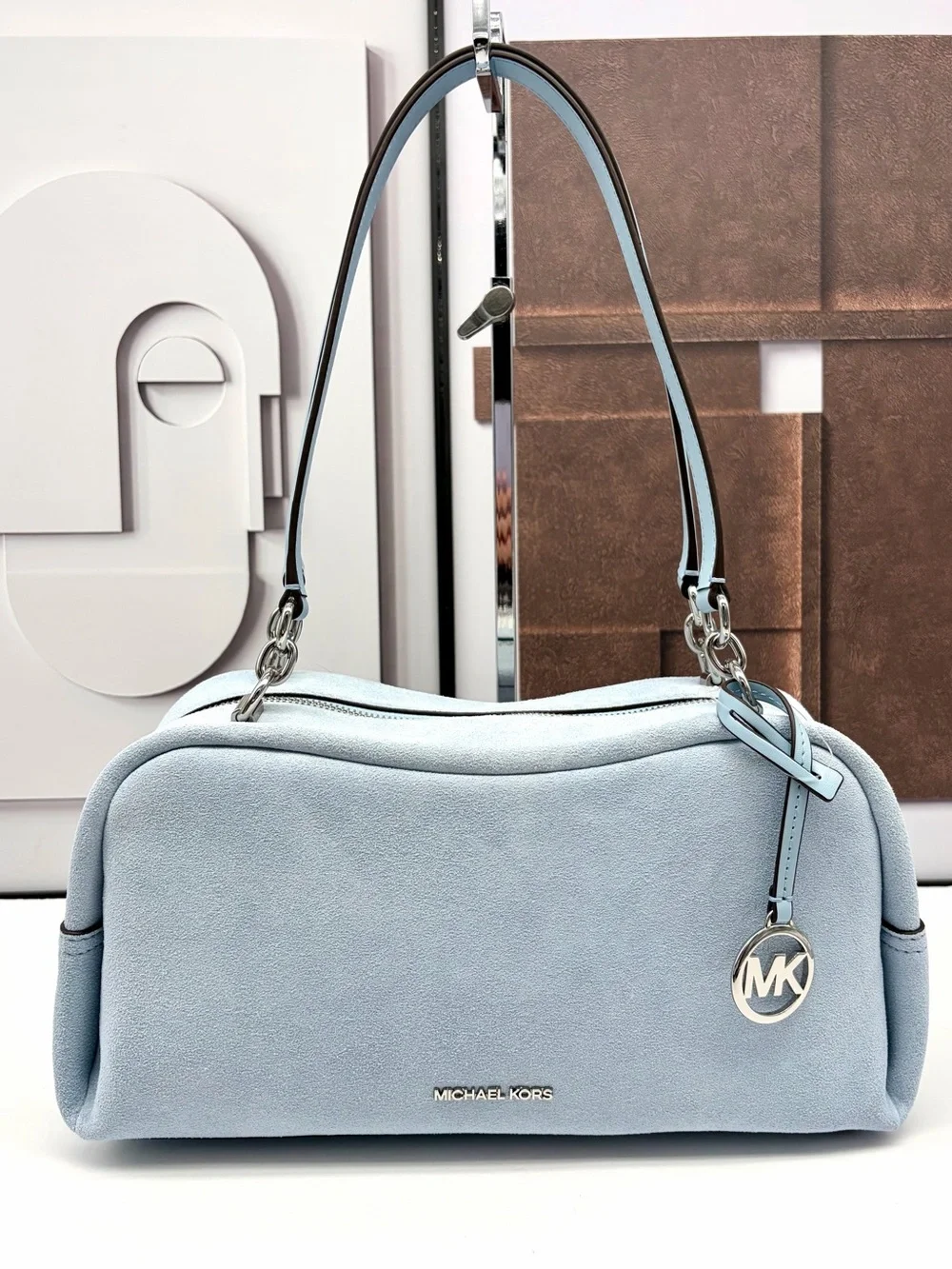Michael Kors Cecily Light Blue Suede Shoulder Bag with MK Charm
